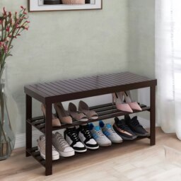 Rackhams Wooden 3 Tier Shoe Storage Bench For Hallway Dark Brown - thumbnail 2