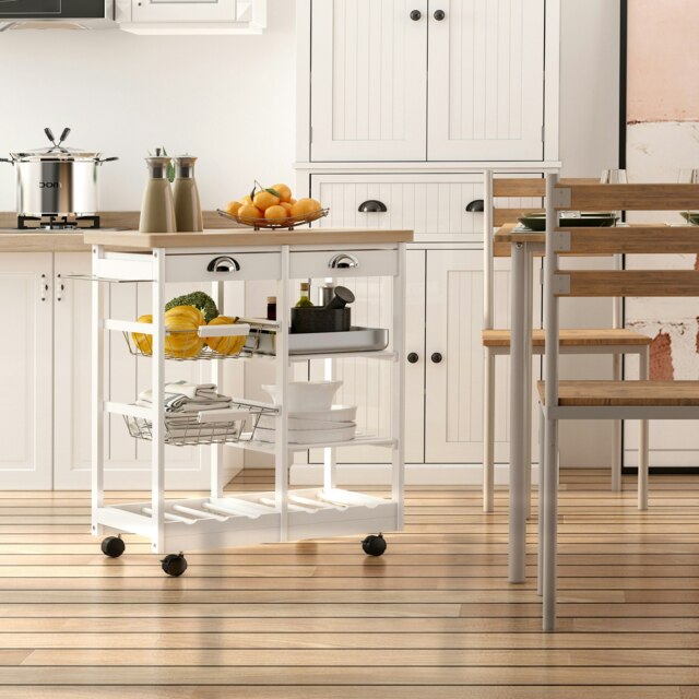 Rackhams Rolling Kitchen Island Trolley, Serving Cart w/ Drawer, Basket White - image 1