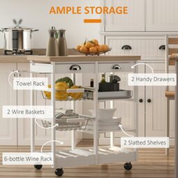 Rackhams Rolling Kitchen Island Trolley, Serving Cart w/ Drawer, Basket White - thumbnail 5