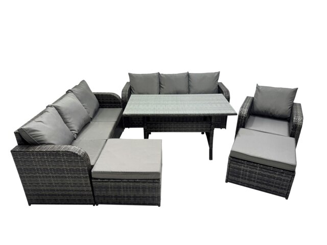 Rackhams 9 Seat Outdoor Wicker PE Rattan Garden Furniture Set Dining Table Sofa Set with 2 Big Stool Dark Grey Mixed - image 1