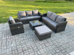 Rackhams Outdoor Rattan Garden Furniture Set Conservatory Patio Sofa Coffee Table With Reclining Chair Big Footstool Dark Grey Mixed - thumbnail 1