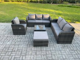 Rackhams Outdoor Rattan Garden Furniture Set Conservatory Patio Sofa Coffee Table With Reclining Chair Big Footstool Dark Grey Mixed - thumbnail 2