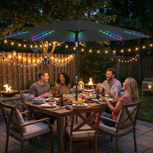 Rackhams 3 m Garden Parasol Umbrella with LED Lights, Patio Umbrella - Grey - 295 x 295 x 245 cm - image 1