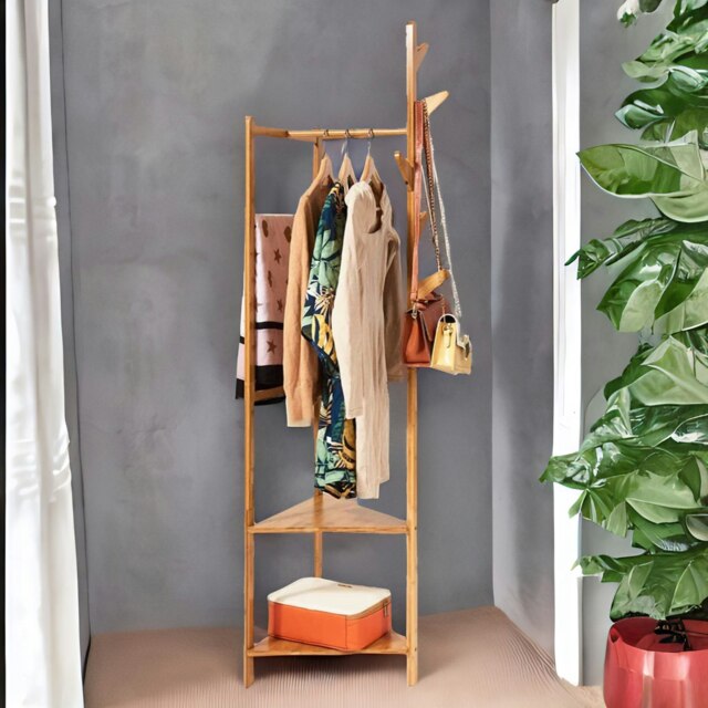 Rackhams Wooden Coat Rack Stand With 2 Shelves - image 1