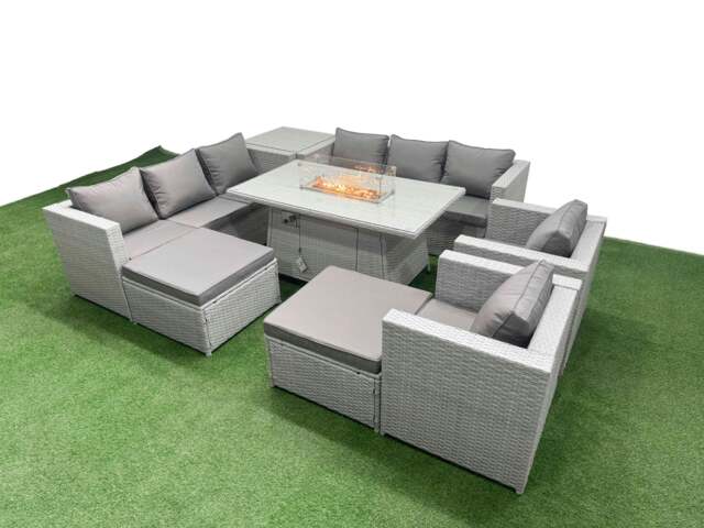 Rackhams 10 Seat PE Rattan Lounge Sofa Set Outdoor Garden Furniture Set with Fire Pit Dining Table 3 Seater Sofa Side Table 2 Big Footstool Light Grey - image 1