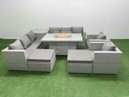 Rackhams 10 Seat PE Rattan Lounge Sofa Set Outdoor Garden Furniture Set with Fire Pit Dining Table 3 Seater Sofa Side Table 2 Big Footstool Light Grey - thumbnail 2