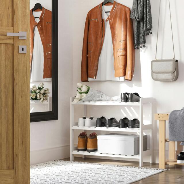 Rackhams 3-Tier Shoe Rack Wood Frame Slatted Shelves Open Storage, Natural - image 1