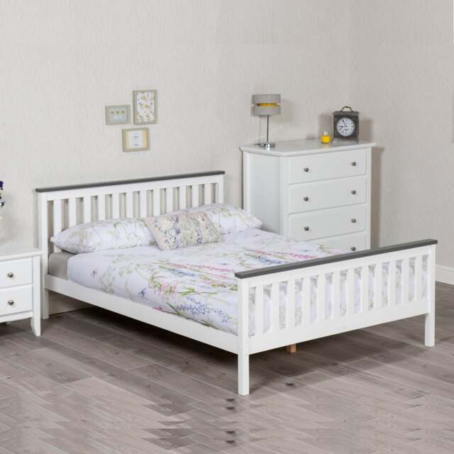 Rackhams Shanghai White Pine Bed Frame with Grey Plinth Single to King - 4FT6 - image 1