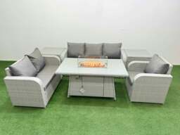 Rackhams 6 Seater Rattan Garden Furniture Set with Fire Pit Dining Table, Reclining Chair, Loveseat Sofa, 3 Seater Sofa, 2 Side Tables - Light Grey - thumbnail 1