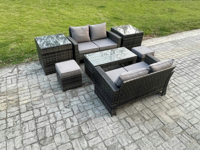 Rackhams High Back Rattan Garden Furniture Sofa Sets with Rectangular Coffee Table 2 Side Tables 2 Small Footstools Dark Grey Mixed - image 1