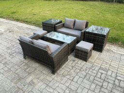 Rackhams High Back Rattan Garden Furniture Sofa Sets with Rectangular Coffee Table 2 Side Tables 2 Small Footstools Dark Grey Mixed - thumbnail 2
