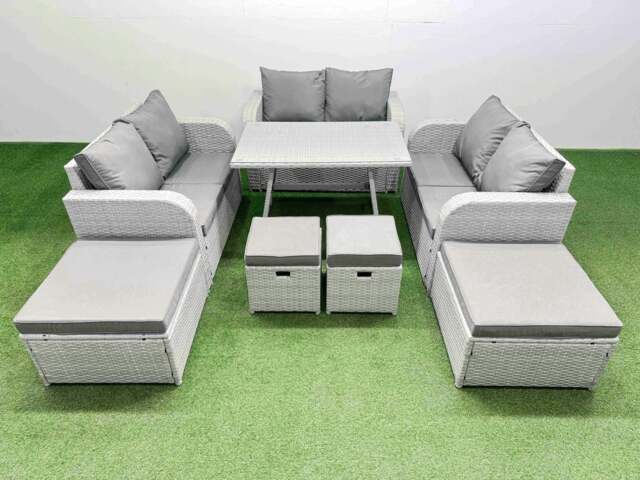 Rackhams 10 Seater Patio Garden Furniture Sets with Dining Table Love Sofa 4 Stools Light Grey - image 1