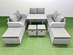 Rackhams 10 Seater Patio Garden Furniture Sets with Dining Table Love Sofa 4 Stools Light Grey - thumbnail 1