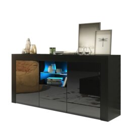 Rackhams Modern 145cm TV Unit, Cabinet Stand & with Black Gloss Doors & Free LED - 145 cm - 1 - Black Matt Body & Black Gloss Doors - thumbnail 1