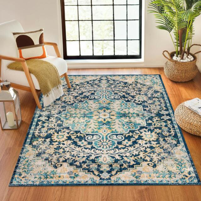 Rackhams Murat-Vintage Blue Yellow Grey Traditional Boho Rug - 160 x 220 cm - image 1