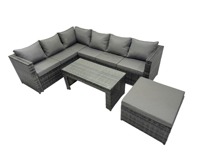 Rackhams 4 Pieces Outdoor PE Rattan Garden Furniture Corner Sofa Oblong Coffee Table Set with Cushions Big Footstool Dark Grey Mixed - image 1