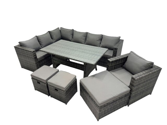 Rackhams Outdoor PE Rattan Sofa Set with Dining Table Patio Garden Furniture Sets with Chair 3 Stool Dark Grey Mixed - image 1