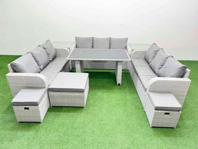 Rackhams Patio Garden Furniture Sets with Black Glass Top Dining Table 3 Seater Sofa 2 Side Tables 3 Stool Light Grey - image 1