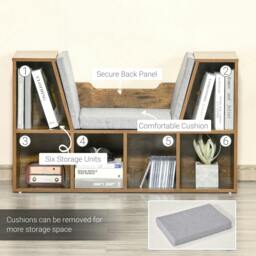 Rackhams Bookcase Storage Shelf with Cushioned Reading Seat, Cube Bookshelf Organizer for Bedroom Living Room, Rustic Brown - thumbnail 6