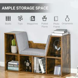Rackhams Bookcase Storage Shelf with Cushioned Reading Seat, Cube Bookshelf Organizer for Bedroom Living Room, Rustic Brown - thumbnail 4