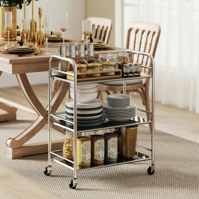 Rackhams 3 Tier Kitchen Trolley on Wheels Serving Cart with Handles Silver - Silver - 3 Tier - image 1