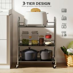 Rackhams 3 Tier Kitchen Trolley on Wheels Serving Cart with Handles Silver - Silver - 3 Tier - thumbnail 3