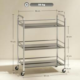 Rackhams 3 Tier Kitchen Trolley on Wheels Serving Cart with Handles Silver - Silver - 3 Tier - thumbnail 5
