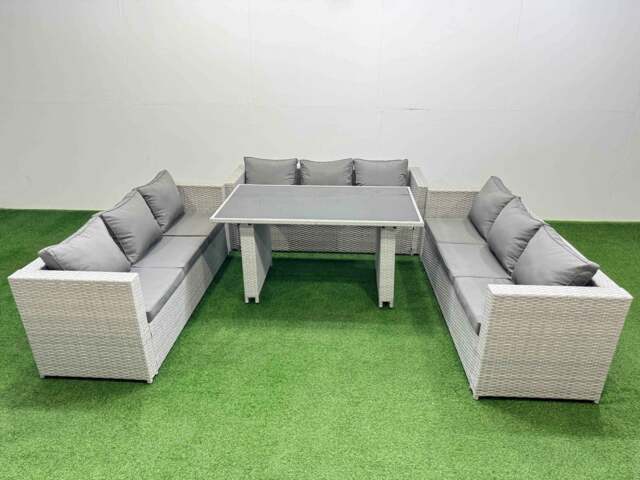 Rackhams Patio Outdoor Garden Furniture Sets with Black Glass Top Dining Table 3 Seater Sofa 2 Side Tables Light Grey - image 1