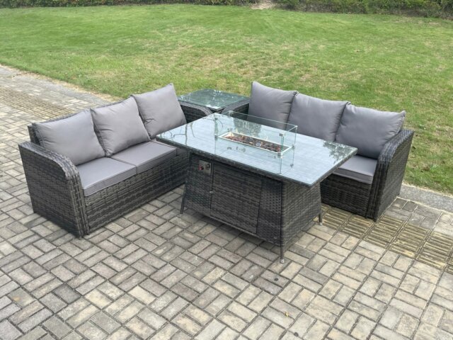 Rackhams Rattan Garden Furniture Set with Fire Pit Table 4 Pieces Outdoor Patio Lounge Sofa Set Dark Grey Mixed - image 1