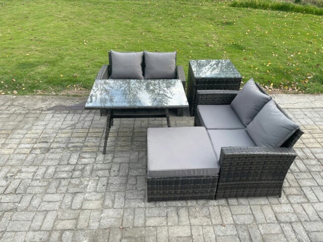 Rackhams 5-Piece Rattan Garden Furniture Set - Dark Grey Mixed Wicker Patio Sofa Conversation Set with Side Table & Big Footstool - image 1