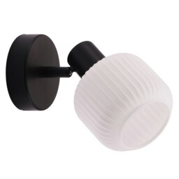 Rackhams Modern Designer Matte Black Adjustable Wall Light with White Ribbed Glass Shade