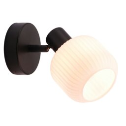Rackhams Modern Designer Matte Black Adjustable Wall Light with White Ribbed Glass Shade - thumbnail 3