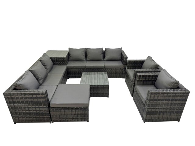 Rackhams 9 Seater Garden Outdoor Rattan Furniture Set Patio Corner Sofa Coffee Table with 2 Chiar Side Table Big Stool Dark Grey - image 1
