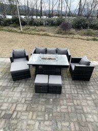 Rackhams Outdoor PE Rattan Garden Furniture Gas Fire Pit Dining Table Armchairs With 3 Stools Dark Grey Mixed - thumbnail 1