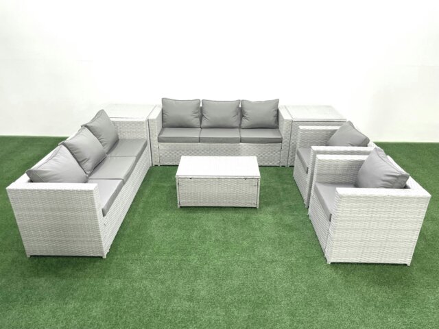 Rackhams Outdoor Rattan Sofa Garden Furniture Set with 2 Armchairs Oblong Coffee Table 2 Side Tables Light Grey Mixed - image 1