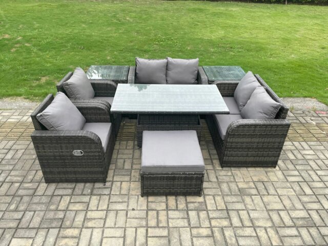 Rackhams Wicker PE Rattan Furniture Garden Dining Set Outdoor Height Adjustable Rising lifting Table Love Sofa Chair With 2 Side Tables Stools - image 1