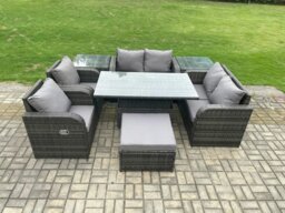 Rackhams Wicker PE Rattan Furniture Garden Dining Set Outdoor Height Adjustable Rising lifting Table Love Sofa Chair With 2 Side Tables Stools - thumbnail 2