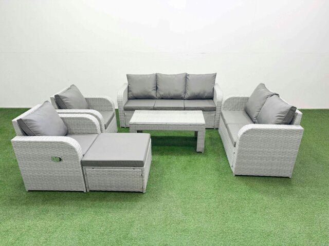 Rackhams PE Wicker Rattan Garden Furniture Set - Light Grey Adjustable Reclining Chair Sofa Lounge Set with Coffee Table & Big Footstool - image 1