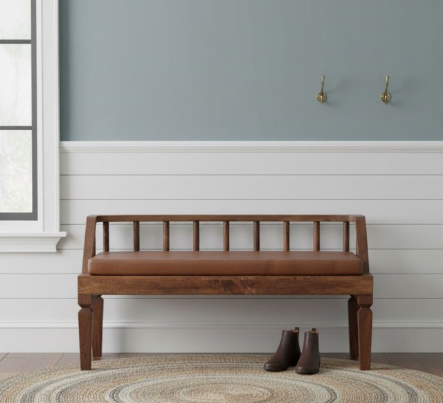 Rackhams Solid Wood Bordeaux Leather Bench - image 1