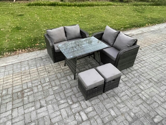 Rackhams Outdoor Garden Furniture Sets 5 Pieces Wicker Rattan Furniture Sofa Sets with Rectangular Dining Table Love Sofa 2 Small Footstool - image 1