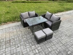 Rackhams Outdoor Garden Furniture Sets 5 Pieces Wicker Rattan Furniture Sofa Sets with Rectangular Dining Table Love Sofa 2 Small Footstool