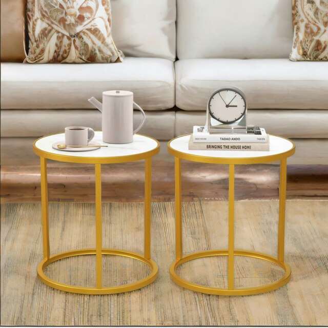Rackhams Set Of 2 Faux Marble Round Bedside Nightstand Table Gold - image 1