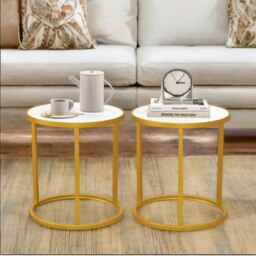 Rackhams Set Of 2 Faux Marble Round Bedside Nightstand Table Gold - thumbnail 1