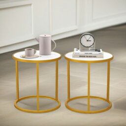 Rackhams Set Of 2 Faux Marble Round Bedside Nightstand Table Gold - thumbnail 3