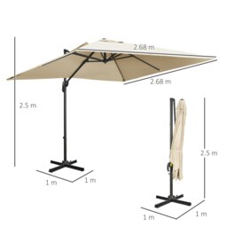 Rackhams 2.7 x 2.7m Square Overhanging Cantilever Umbrella Parasol with Cross Base, Crank Handle, Tilt, 360° Rotation & Aluminium Frame - Cream White - Grey - 268L x 268W x 250H cm - thumbnail 6