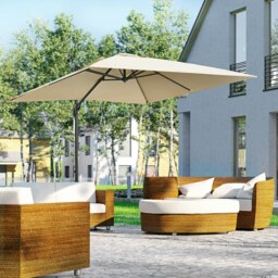 Rackhams 2.7 x 2.7m Square Overhanging Cantilever Umbrella Parasol with Cross Base, Crank Handle, Tilt, 360° Rotation & Aluminium Frame - Cream White - Grey - 268L x 268W x 250H cm - thumbnail 2