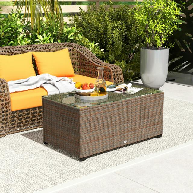 Rackhams Outdoor Coffee Table, Glass Top Rattan Side Table, Brown - Brown - image 1