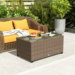 Rackhams Outdoor Coffee Table, Glass Top Rattan Side Table, Brown - Brown - thumbnail 3