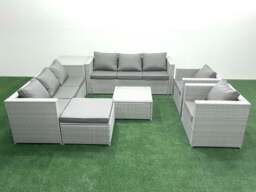 Rackhams Outdoor Rattan Sofa Garden Furniture Set with 2 Armchairs Square Coffee Table Big Footstool Side Table Light Grey Mixed - thumbnail 1