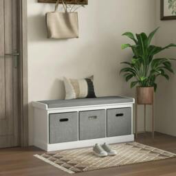 Rackhams Three-Drawer Shoe Storage Bench, with Padded Top Seat - White - thumbnail 2